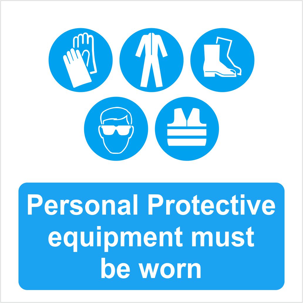 Mandatory PPE must be worn safety sign white background, blue image, blue highlight, white text, various sizes and materials, available from signworx.ie