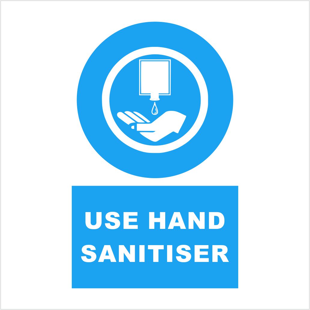 Mandatory Use Hand Sanitiser safety sign white background, blue image, blue highlight, white text, various sizes and materials, available from signworx.ie