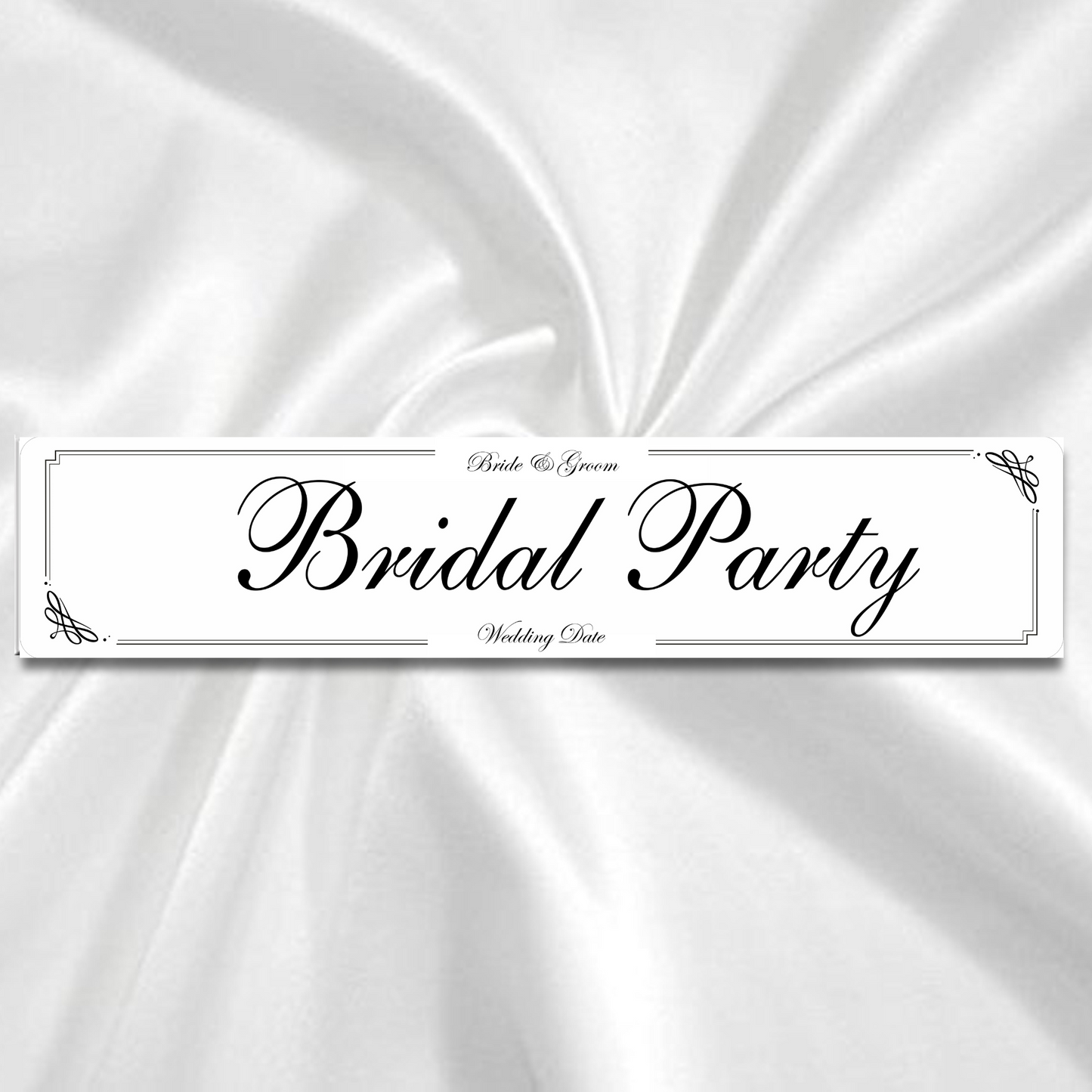 Wedding Car number plates with elegant border and swirl design, plate is white reflective background with black print