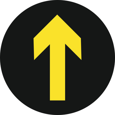 Black yellow directional arrow, round sticker available from signworx.ie