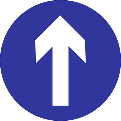 Blue white directional arrow,round sticker available from signworx.ie