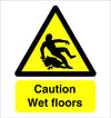 Caution wet floor safety sign, white background with yellow and black graphic and text, various sizes and materials available from signworx.ie