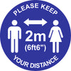 Blue and white social Distancing safety Sticker, blue background, white text and graphics, various sizes available from signworx.ie