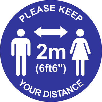 Blue and white social Distancing safety Sticker, blue background, white text and graphics, various sizes available from signworx.ie