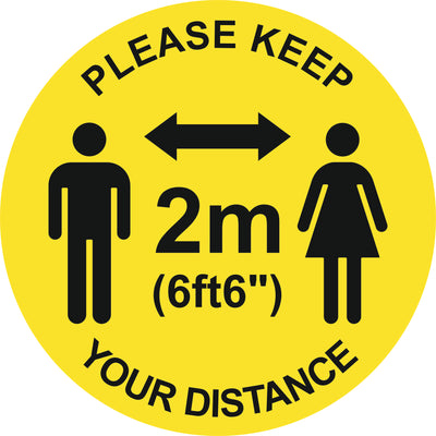 Yellow and Black social Distancing, round safety Sticker, yellow background, black graphics and text various sizes, available from signworx.ie