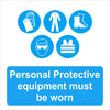 Mandatory PPE must be worn safety sign white background, blue image, blue highlight, white text, various sizes and materials, available from signworx.ie