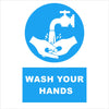 Mandatory wash your hands white background, blue image, blue highlight, white text, various sizes and materials, available from signworx.ie