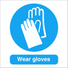 Mandatory wear gloves safety sign white background, blue image, blue highlight, white text, various sizes and materials, available from signworx.ie