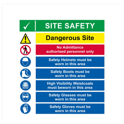 Site Safety Signage, white, blue, yellow,red and green background with blue, red, black and yellow graphic and text,  various sizes and materials available from signworx.ie