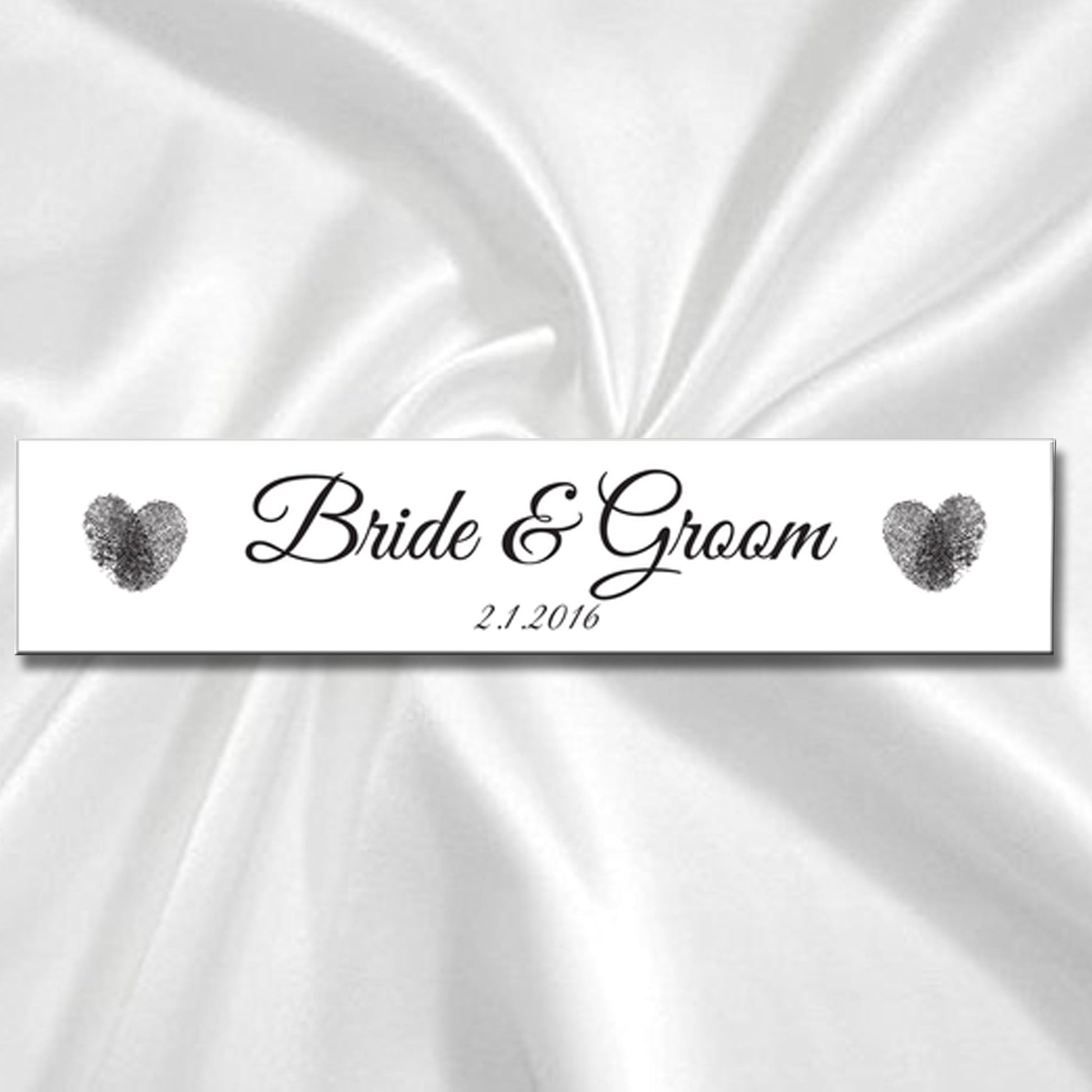 Wedding Car number plates with Thumbprint hearts design. The plate is white reflective background with black print