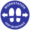 blue and white Work Station Distancing safety Sticker, blue background, white text and graphics, available from signworx.ie