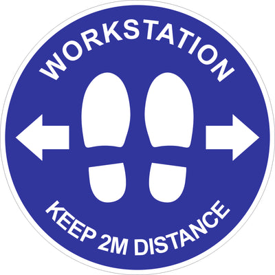 blue and white Work Station Distancing safety Sticker, blue background, white text and graphics, available from signworx.ie