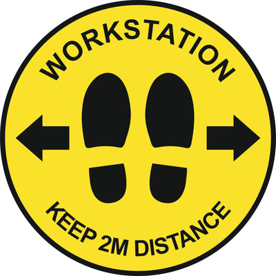 Yellow and Black Work Station Distancing safety Sticker, yellow background, black text and graphics, available from signworx.ie