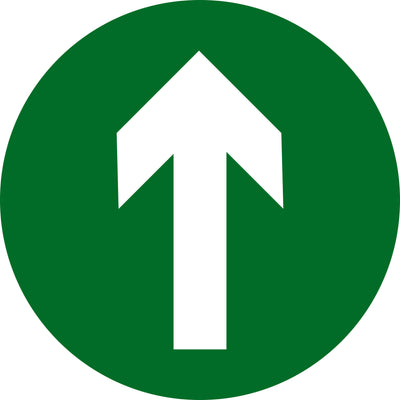 Green  white directional arrow, round sticker available from signworx.ie