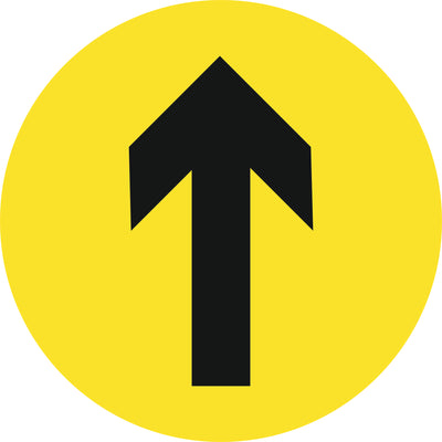 Yellow and black directional arrow, round sticker, available from signworx.ie